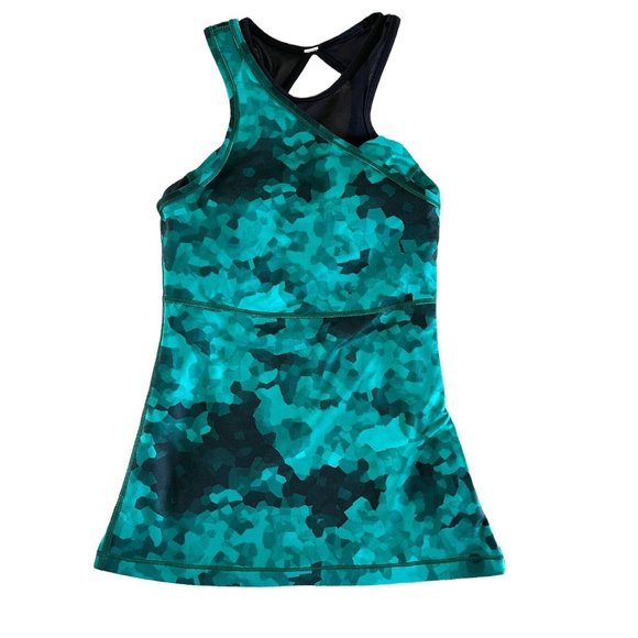Lululemon Meshed Up Tank 2 IN 1 Top Size 4 Green Black Clouded Dreams Teal RARE! - Picture 8 of 12